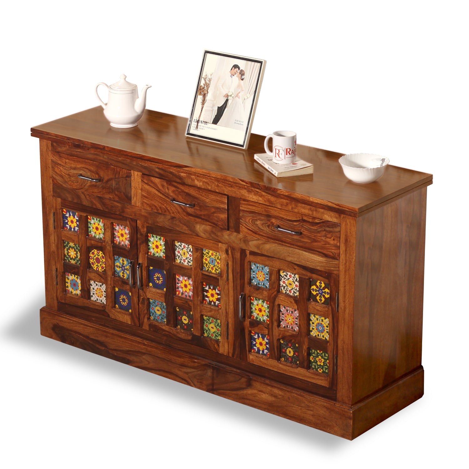 Mistana Solid Wood Three Door Three Drawer Ceramic Tile Sideboard in Natural Finish - Rajasthali Furniture 