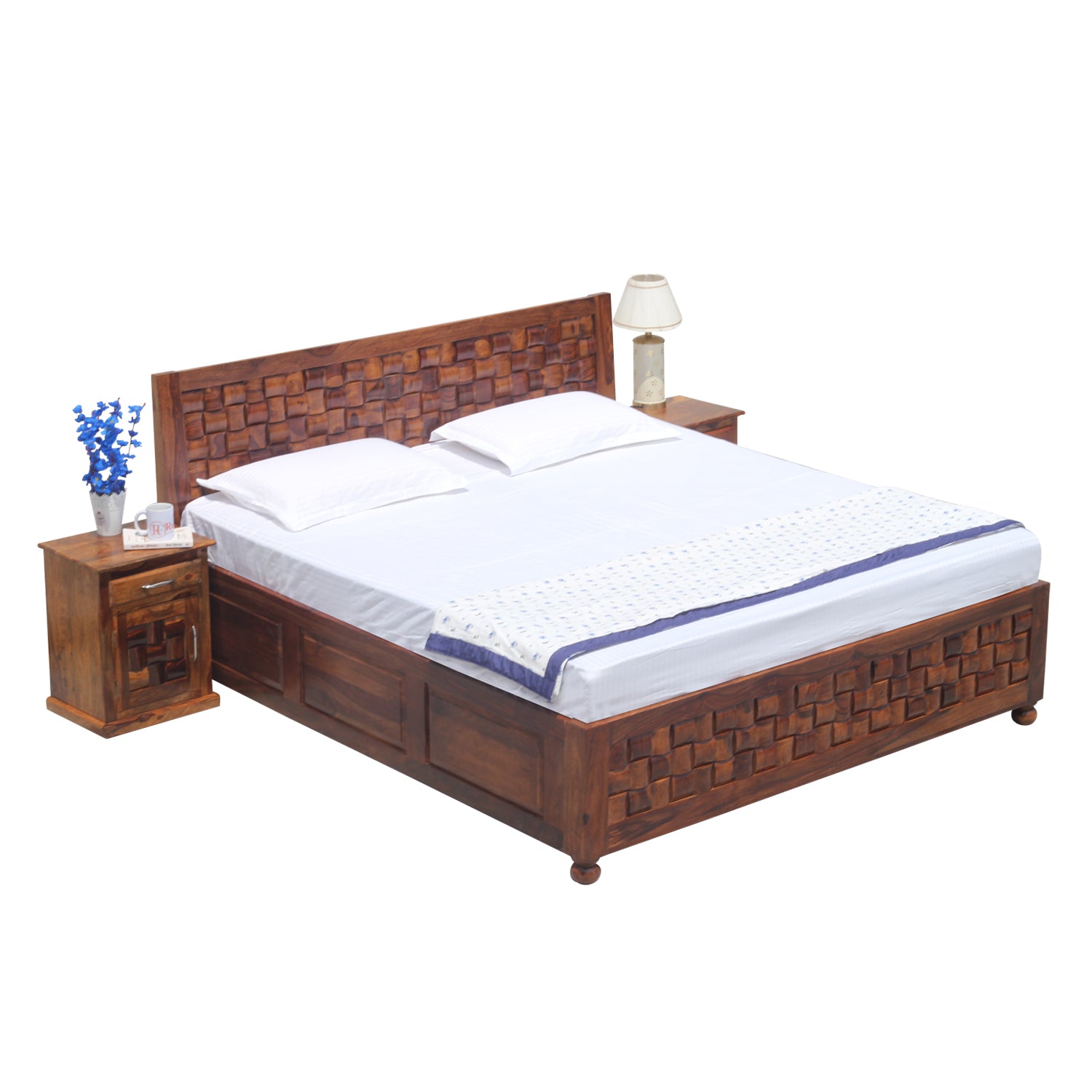 Solid Wood Niwar King Size Double Bed with Legs and Box Storage in Natural Finish With Two Bedside - Rajasthali Furniture 