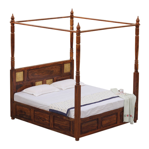 Solid Sheesham Wood King Size Four Poster Bed with Box Storage in Natural Finish - Rajasthali Furniture 