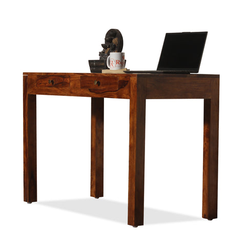 Sticky Solid Wood Two Drawer Writing Table cum Study Table in Honey Oak Finish - Rajasthali Furniture 