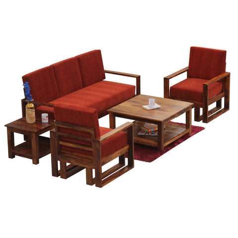 Cucus Double Leg Solid Wood Five Seat Sofa Set (3+1+1) In Honey Oak Finished - Rajasthali Furniture 