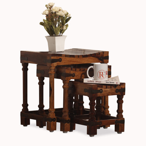 Jeco Solid Wood Stripe Top Nest of Tables Set of Three in Honey oak Finish - Rajasthali Furniture 