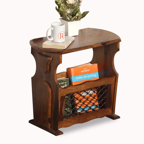 Solid Sheesham Wood Iron Jali Magazine Stand cum Side Table in Natural Finish - Rajasthali Furniture 