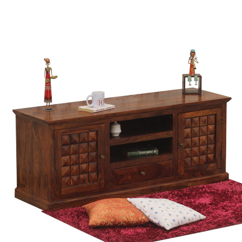 Astor Two Door with one center drawer wooden LCD cabinet in honey oak finish - Rajasthali Furniture 