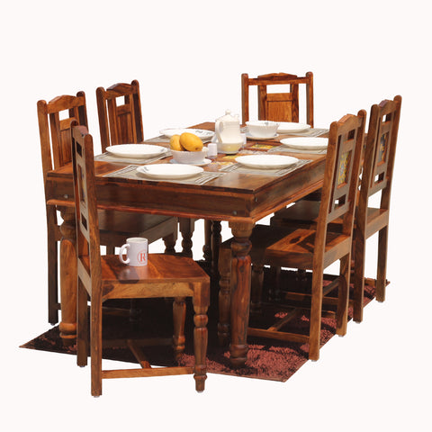 Solid Sheesham Wood Six Seat Ceramic Tile Dining Table Set in Natural Finish - Rajasthali Furniture 