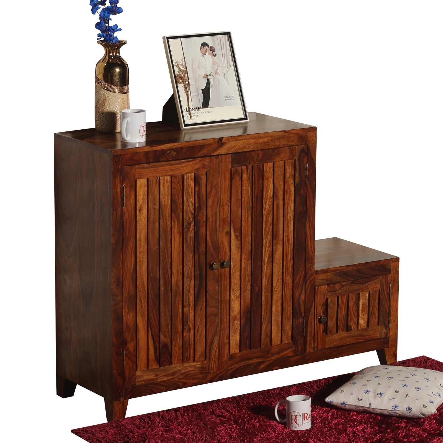 Frill Solid Wood Shoe Rack with Sitting Space in Honey Oak finish - Rajasthali Furniture 