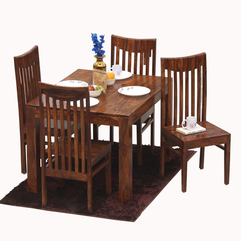 Flora Solid Sheesham Wood Four Seat Dining Table Set in Natural Finish - Rajasthali Furniture 