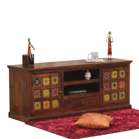 Lazio Two Door with One Center Drawer Wooden LCD Cabinet in Honey oak Finish - Rajasthali Furniture 