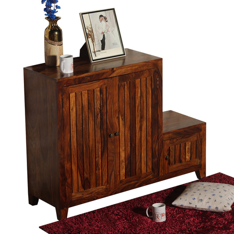 Frill Solid Wood Shoe Rack with Sitting Space in Honey Oak finish - Rajasthali Furniture 