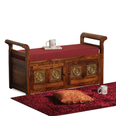 Bluet Upholstery Solid Wood Arm Bench with Storage in Honey Oak Finish - Rajasthali Furniture 