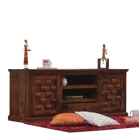 Xiomara Two Door with one center drawer wooden LCD cabinet in honey oak finish - Rajasthali Furniture 