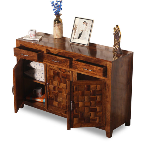 Solid Wood Three Door and Three Drawer Niwar Sideboard in natural Finish - Rajasthali Furniture 