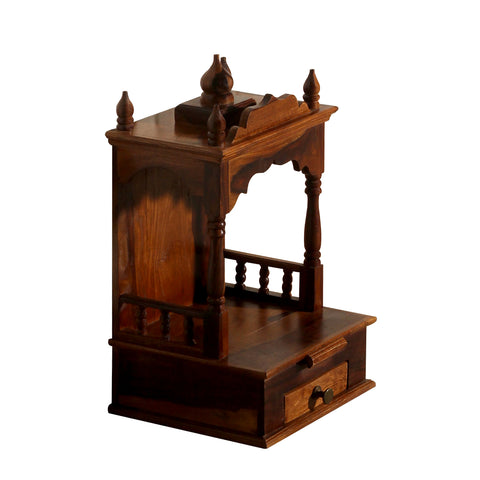 Sunak Solid Wood One Shelf and One Drawer Open Wall Mount Mandir in honey oak Finish - Rajasthali Furniture 