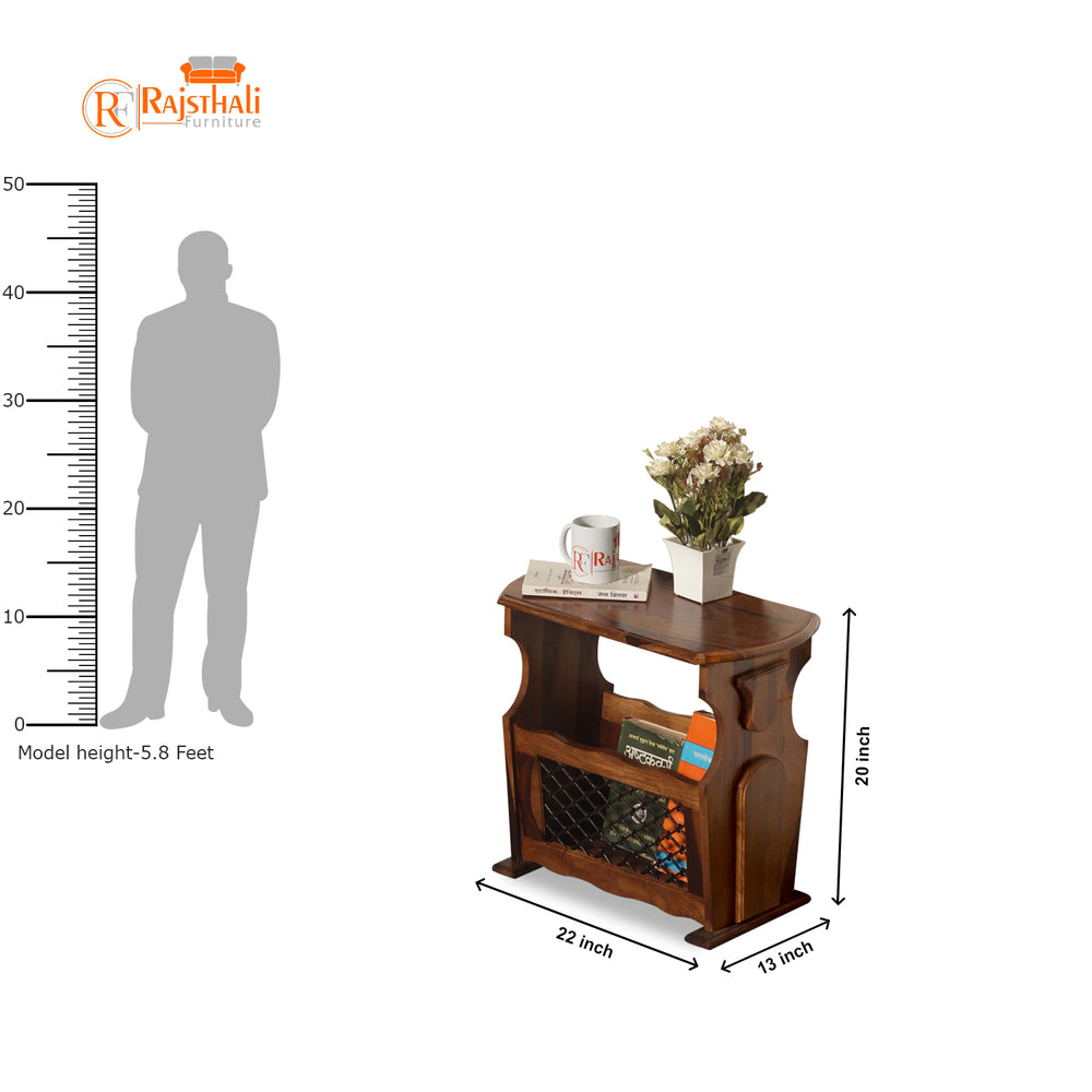 Iron Jali Sheesham Wood Magazine Side Table (Natural Finish)