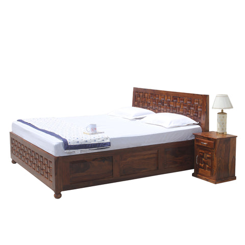 Solid Wood Niwar King Size Double Bed with Legs and Box Storage in Natural Finish With Two Bedside - Rajasthali Furniture 