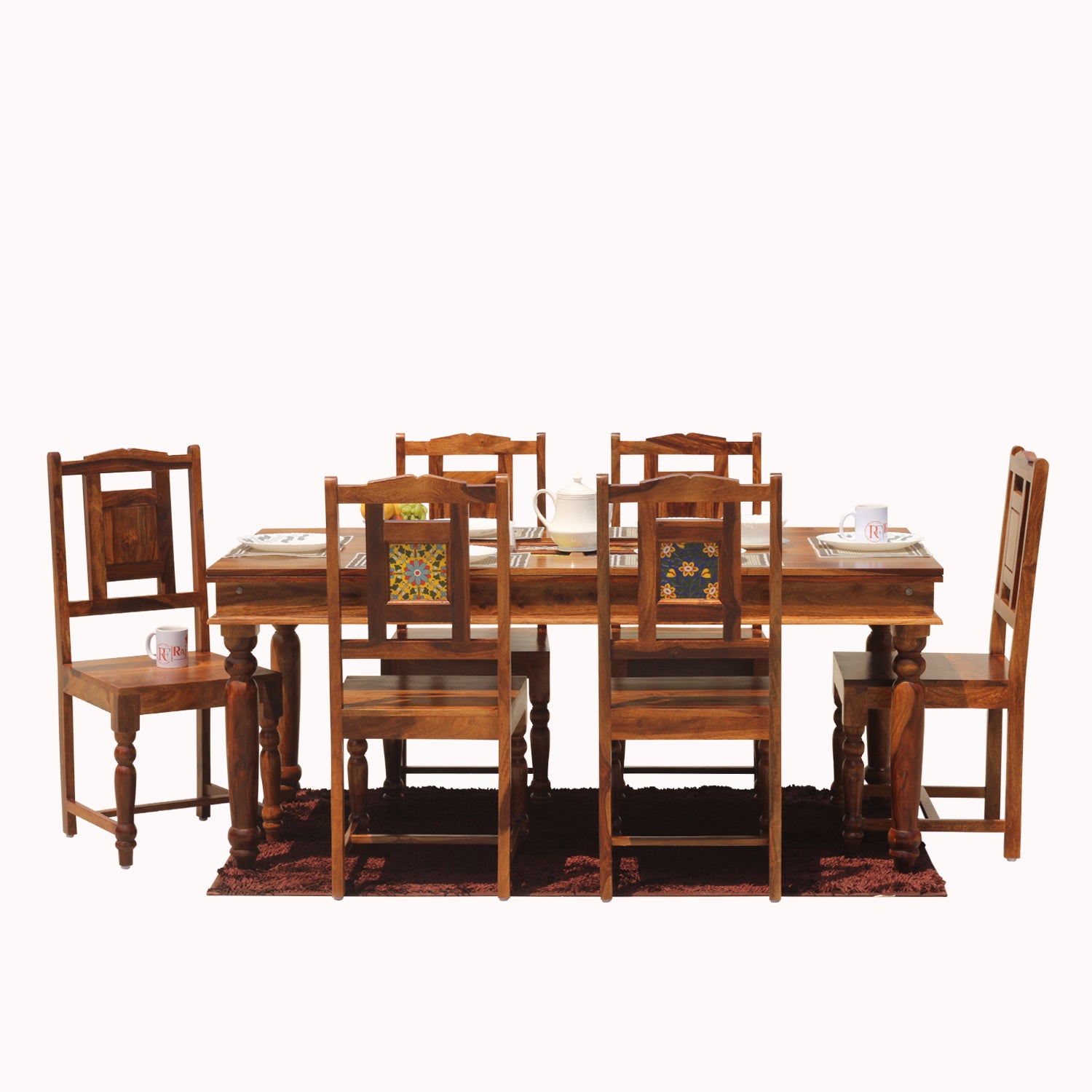 Solid Sheesham Wood Six Seat Ceramic Tile Dining Table Set in Natural Finish - Rajasthali Furniture 