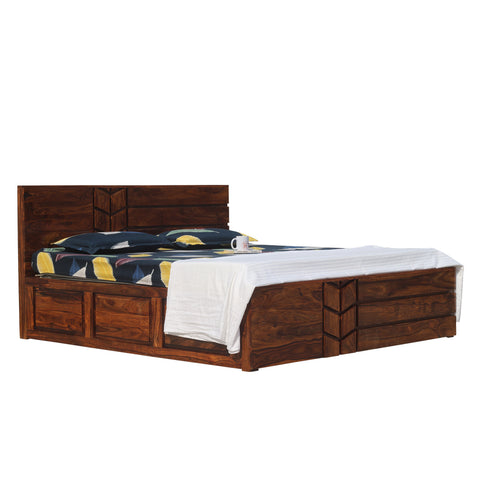 Solid Wood M Design King Size Double Bed with Box Storage in Natural Finish - Rajasthali Furniture 