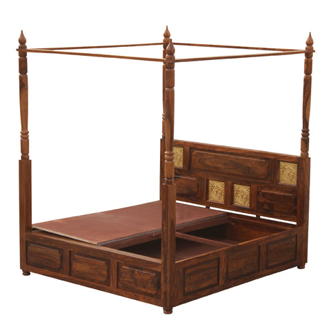 Solid Sheesham Wood King Size Four Poster Bed with Box Storage in Natural Finish - Rajasthali Furniture 