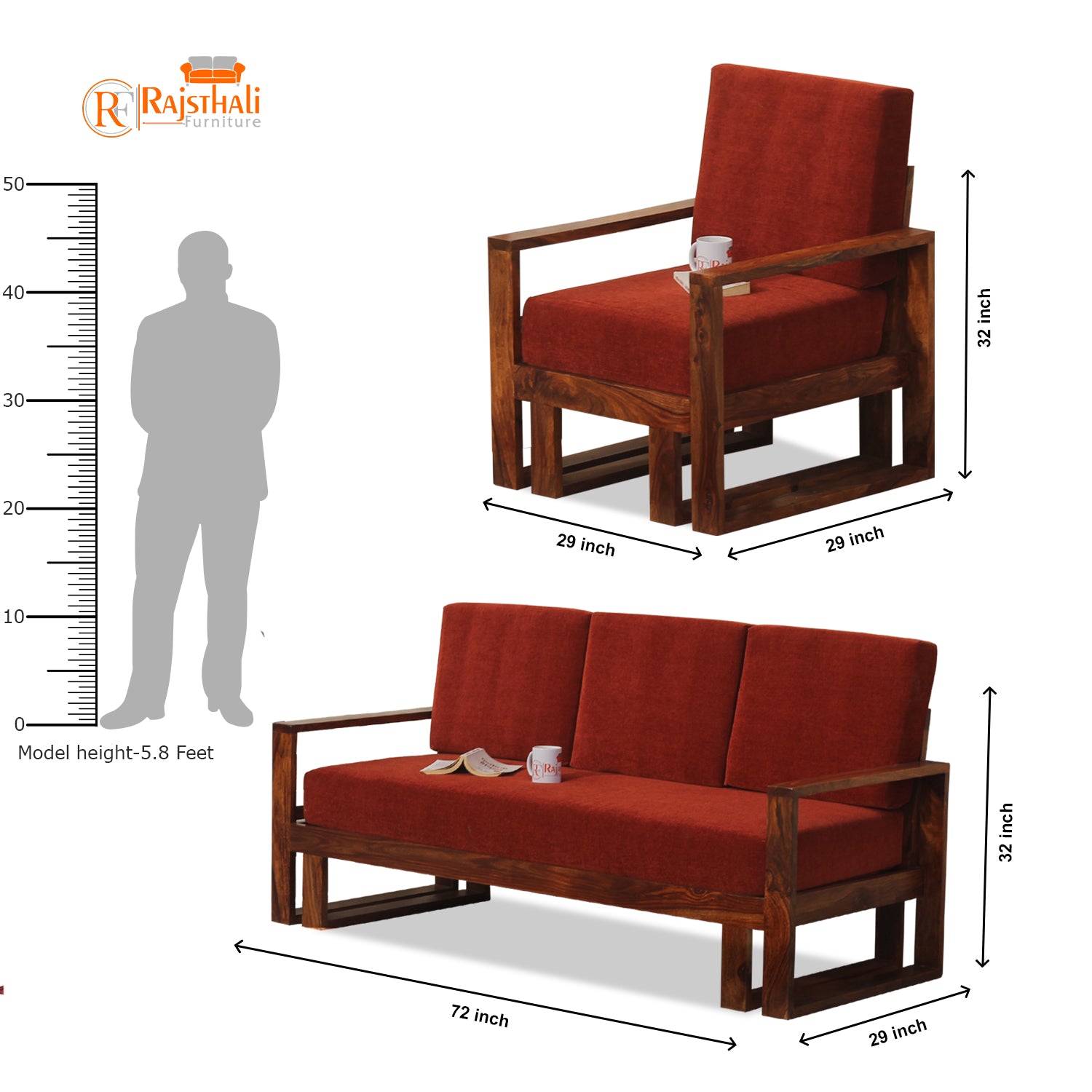 Cucus Double Leg Solid Wood Five Seat Sofa Set (3+1+1) In Honey Oak Finished - Rajasthali Furniture 