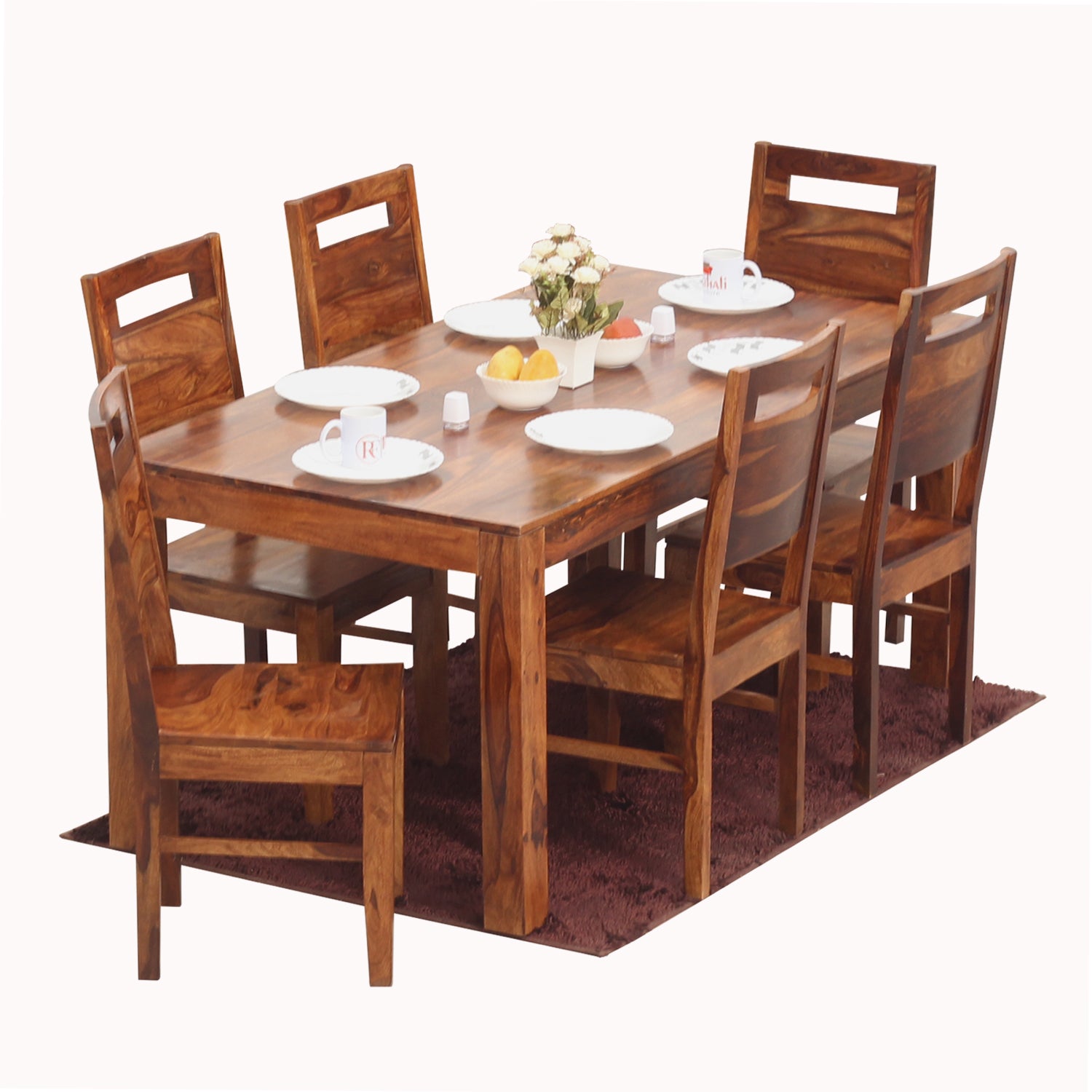 Rosa Solid Sheesham Wood Six Seat Dining Table Set in Natural Finish - Rajasthali Furniture 