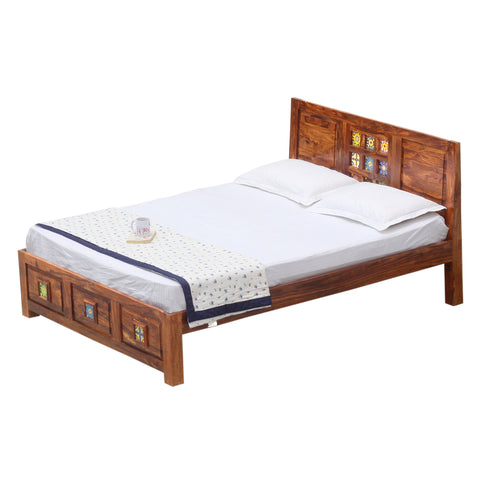 Hinton Solid Wood Double Bed Without Storage in Honey Oak Finish - Rajasthali Furniture 