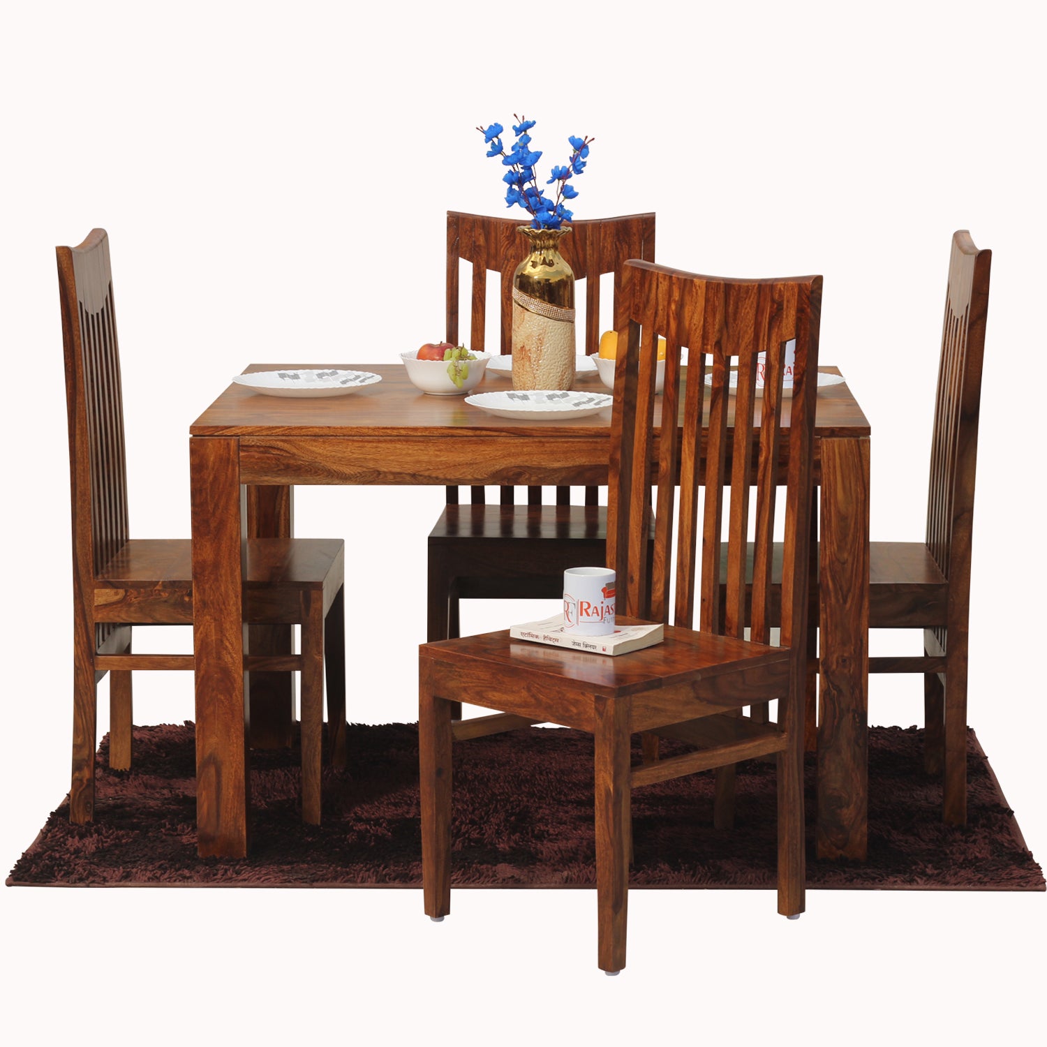 Flora Solid Sheesham Wood Four Seat Dining Table Set in Natural Finish - Rajasthali Furniture 