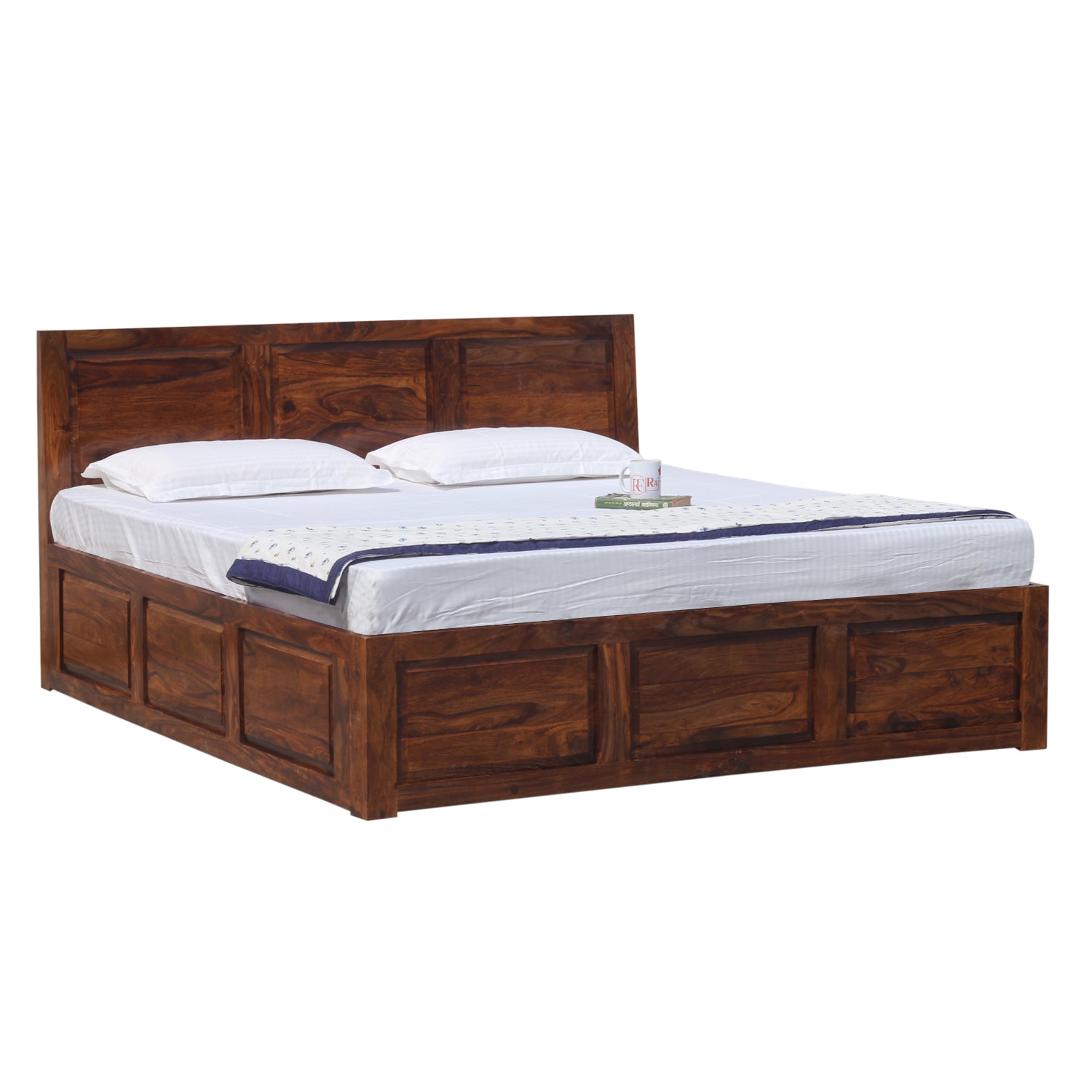 Fasica Solid Wood Double Bed with Box Storage in Honey Oak Finish - Rajasthali Furniture 