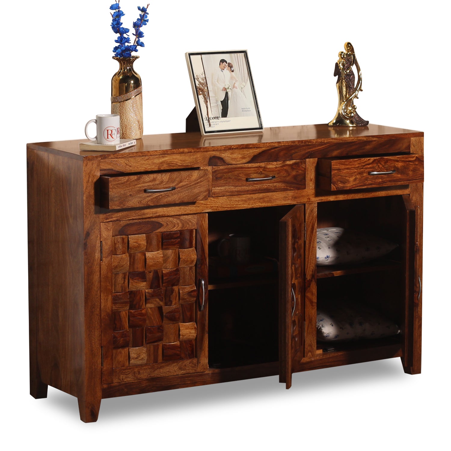 Solid Wood Three Door and Three Drawer Niwar Sideboard in natural Finish - Rajasthali Furniture 