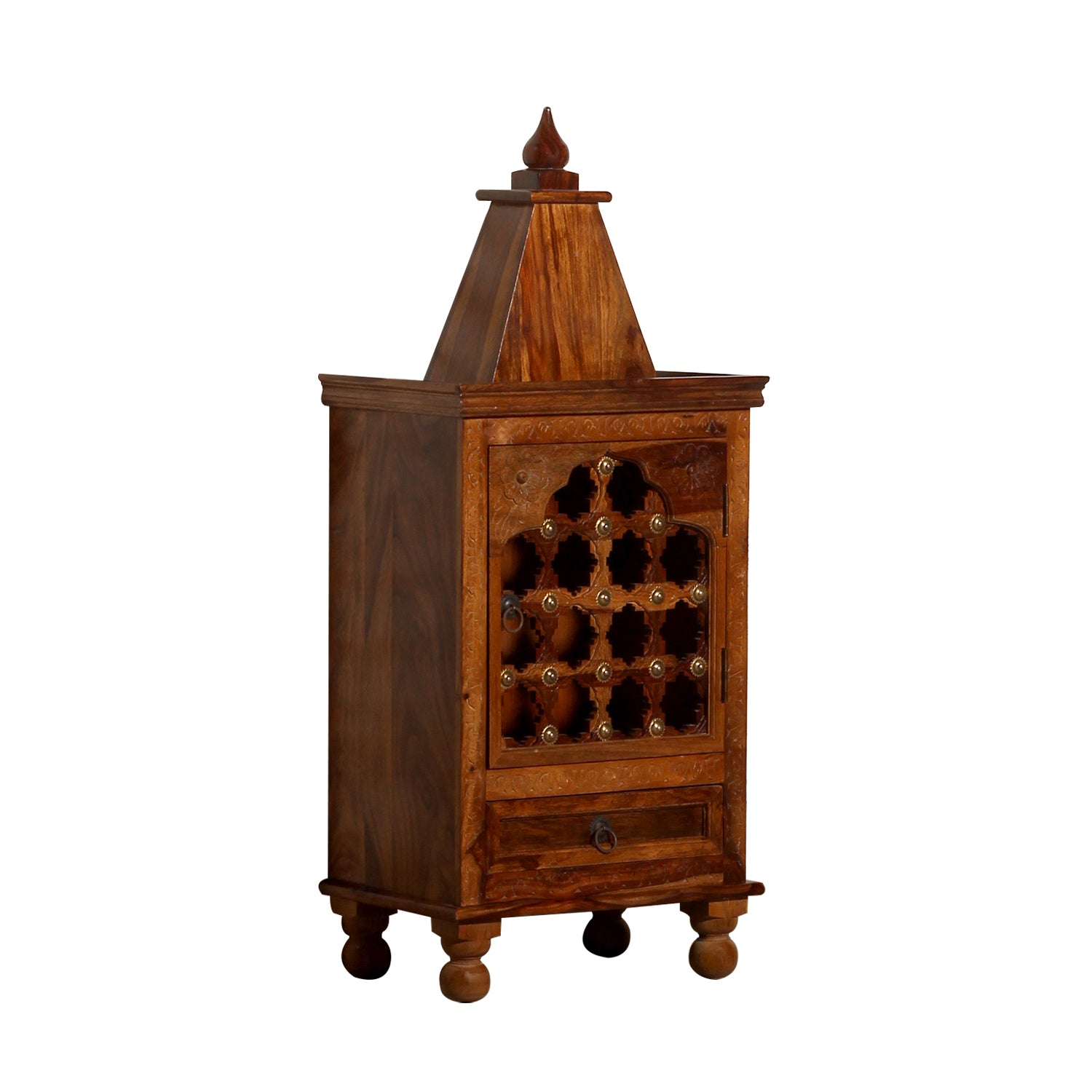 Dham Solid Wood Single Door and One Drawer Mandir in Honey Oak Finish - Rajasthali Furniture 