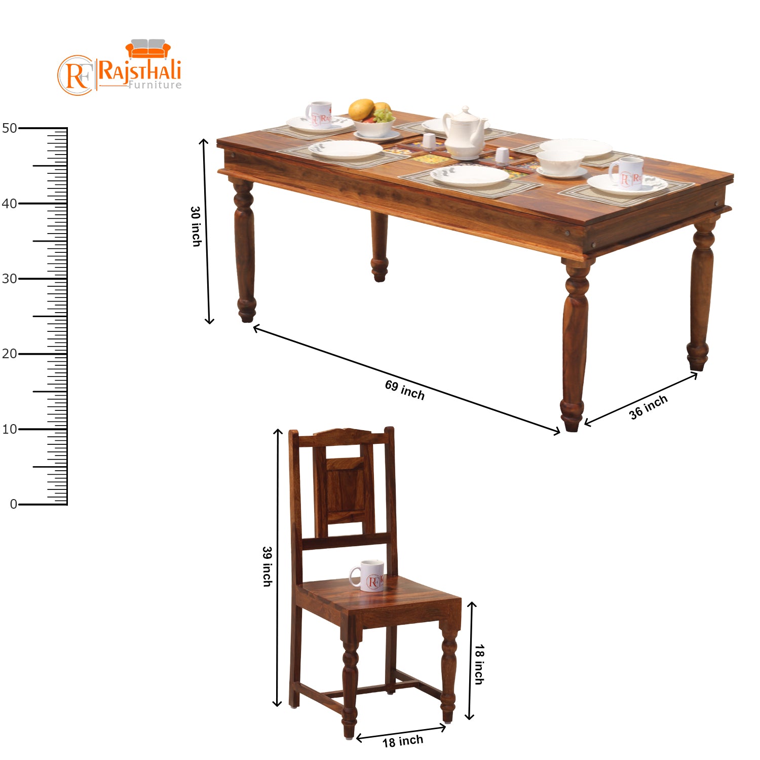 Solid Sheesham Wood Six Seat Ceramic Tile Dining Table Set in Natural Finish - Rajasthali Furniture 