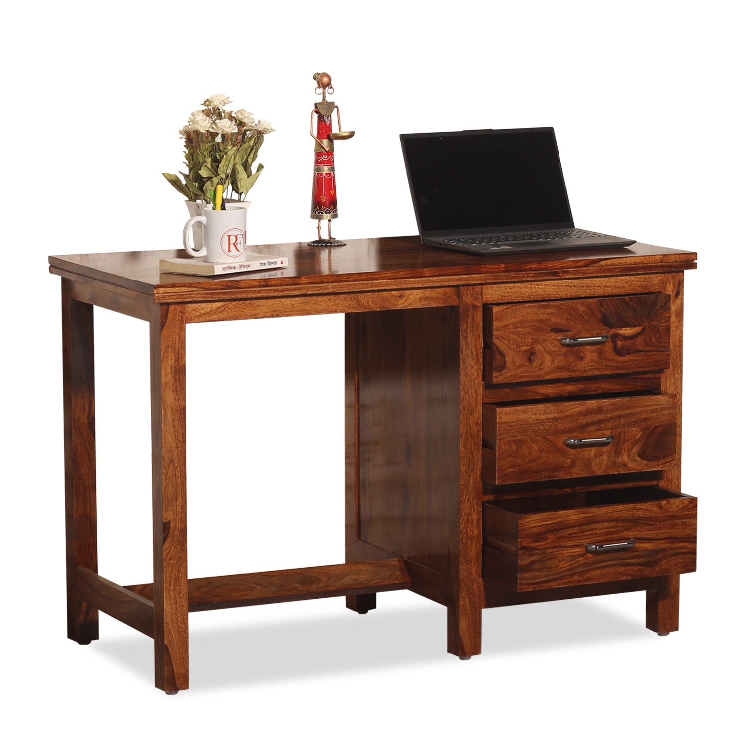 Calla Solid Wood Study Table with Three Drawers in Honey Oak Finish - Rajasthali Furniture 