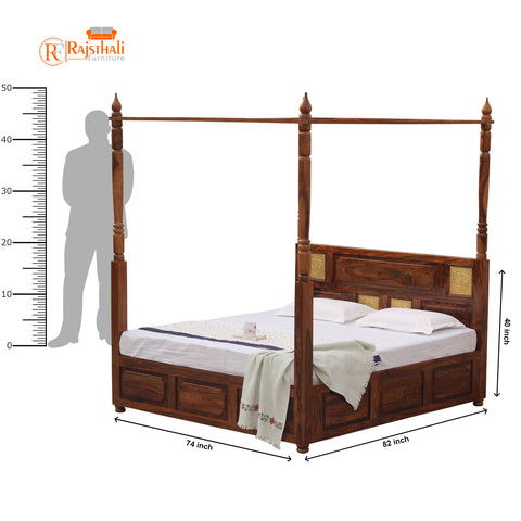 Solid Sheesham Wood King Size Four Poster Bed with Box Storage in Natural Finish - Rajasthali Furniture 