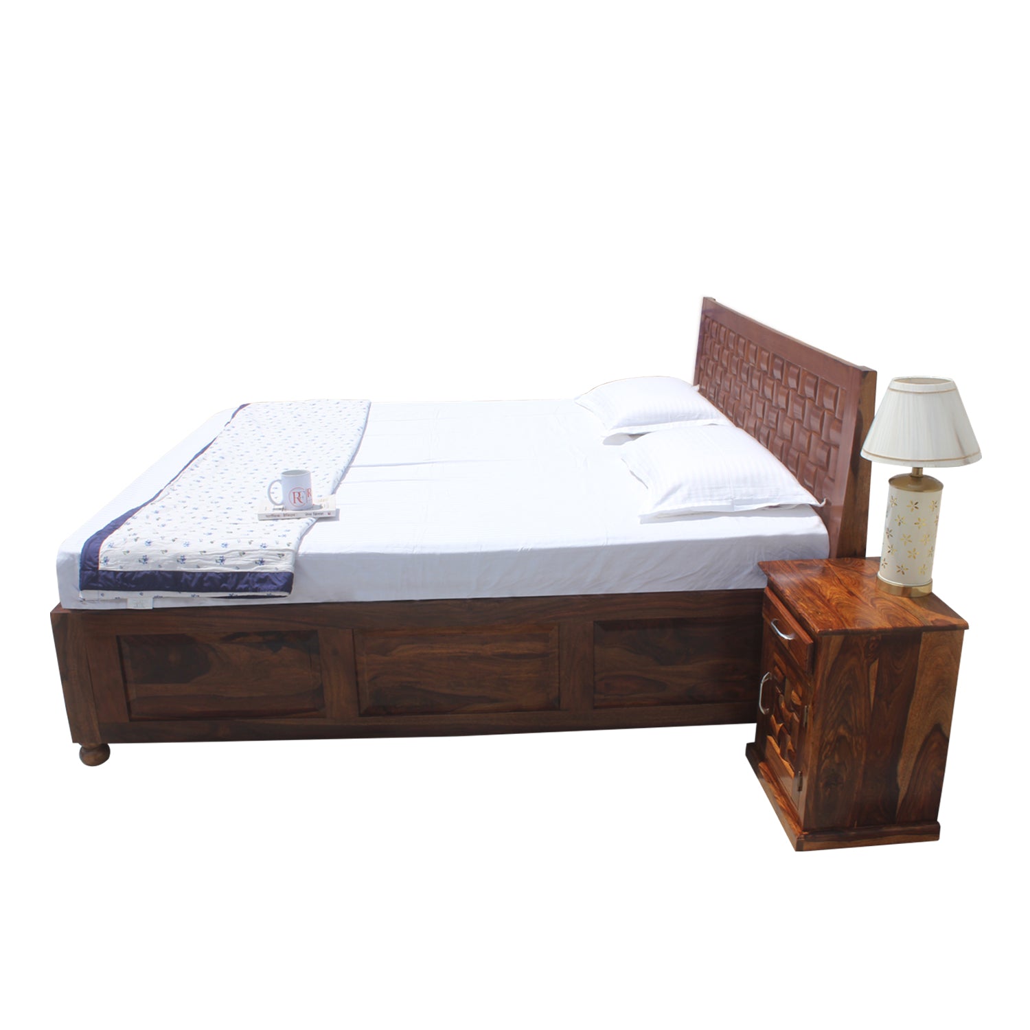 Solid Wood Niwar King Size Double Bed with Legs and Box Storage in Natural Finish With Two Bedside - Rajasthali Furniture 