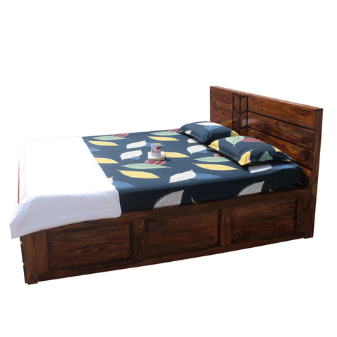 Solid Wood M Design King Size Double Bed with Box Storage in Natural Finish - Rajasthali Furniture 