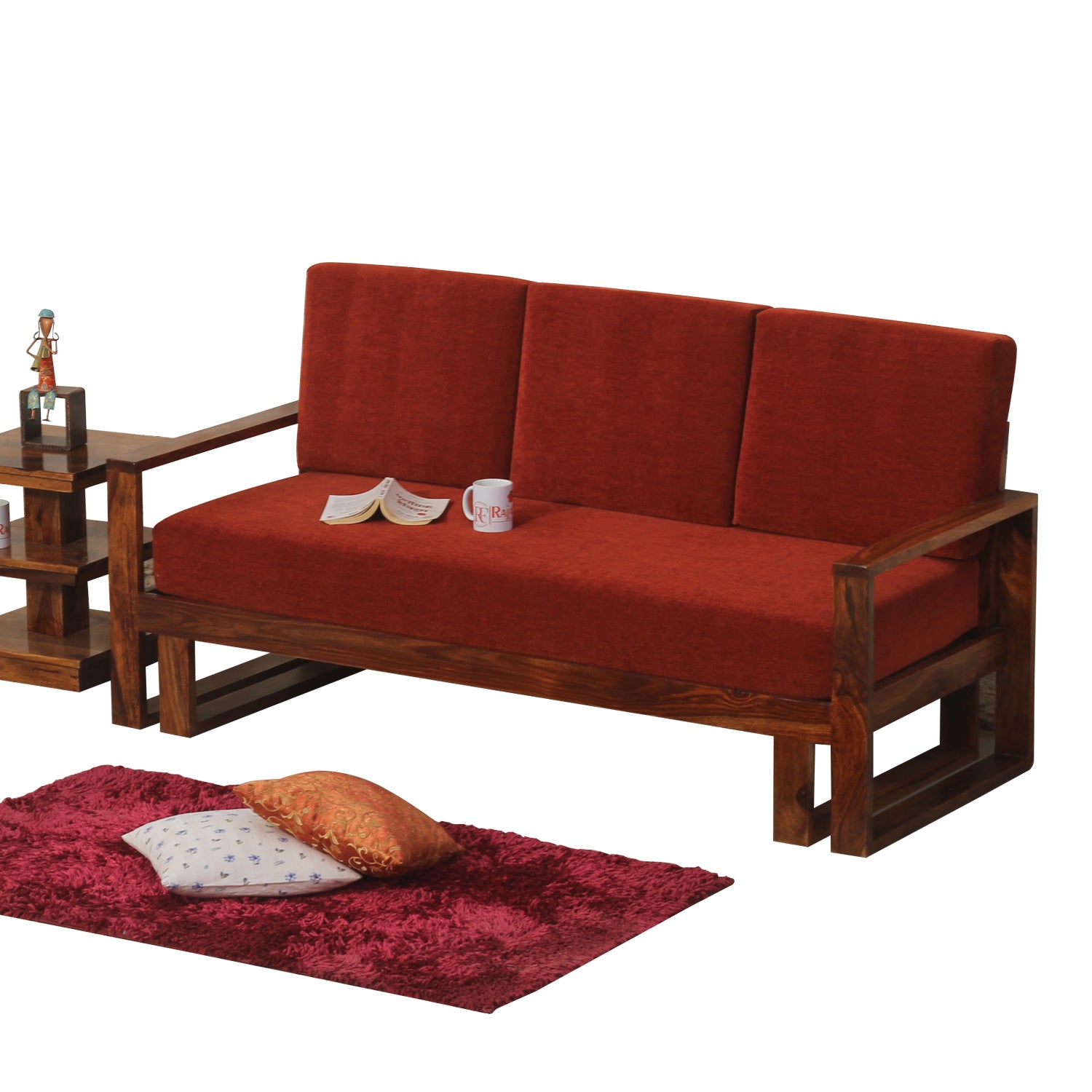 Cucus Double Leg Solid Wood Three Seat Sofa Set In Honey Oak Finished - Rajasthali Furniture 