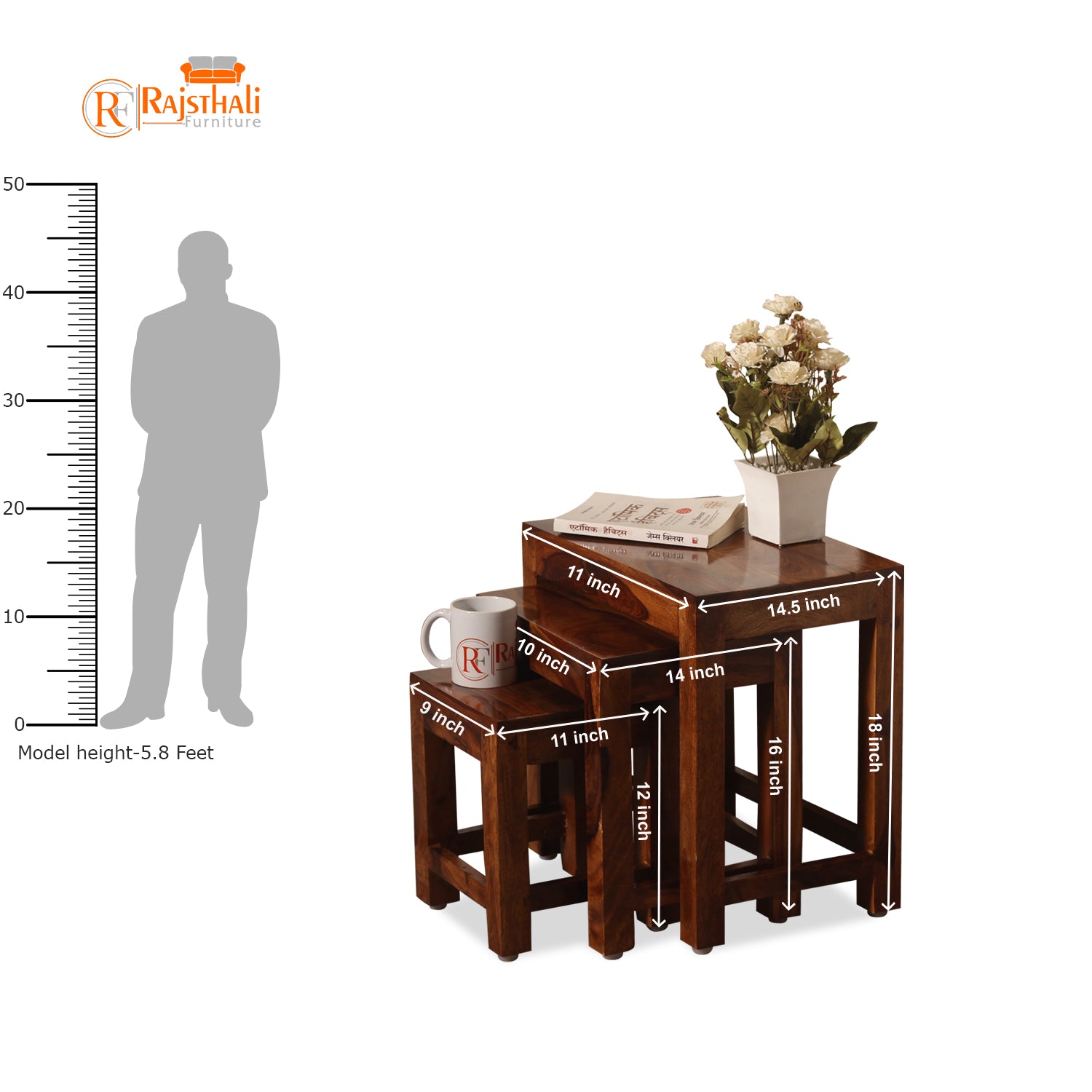 Zory Solid Wood Plain Top Nest Of Table Set Of Three in Honey Oak Finish - Rajasthali Furniture 