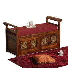 Bluet Upholstery Solid Wood Arm Bench with Storage in Honey Oak Finish - Rajasthali Furniture 