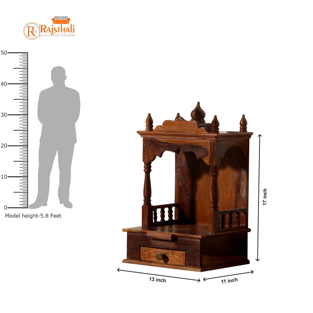 Sunak Sheesham Wood Wall Mandir with Shelf & Drawer (Honey Oak Finish)