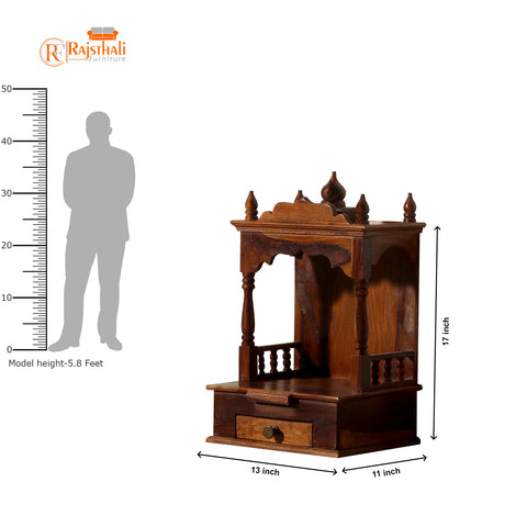 Sunak Solid Wood One Shelf and One Drawer Open Wall Mount Mandir in honey oak Finish - Rajasthali Furniture 