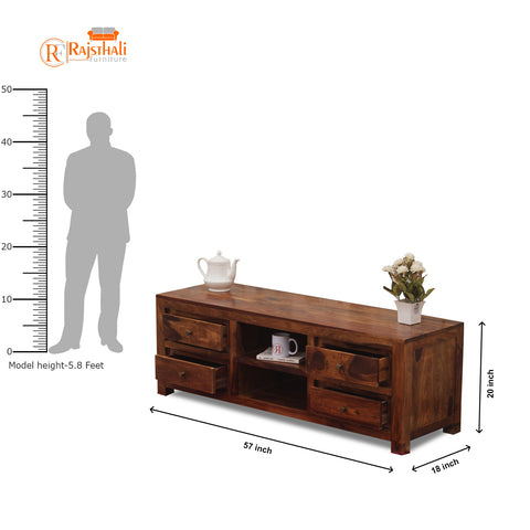 Meloni Four Drawer with One Center Shelf Wooden LCD Cabinet in Honey Oak Finish - Rajasthali Furniture 