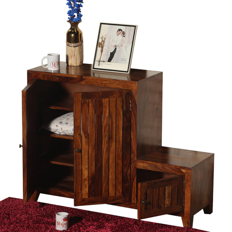 Frill Solid Wood Shoe Rack with Sitting Space in Honey Oak finish - Rajasthali Furniture 