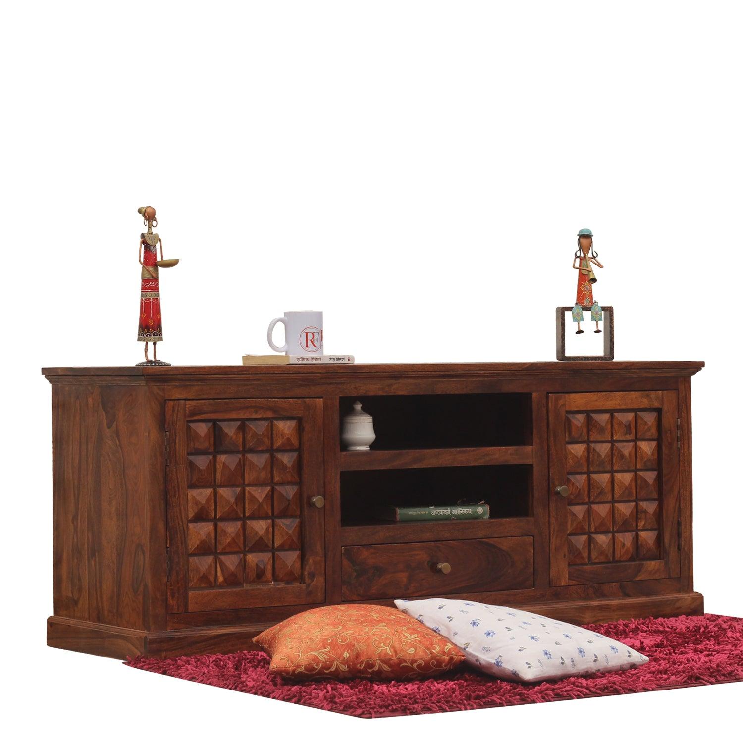 Astor Two Door with one center drawer wooden LCD cabinet in honey oak finish - Rajasthali Furniture 