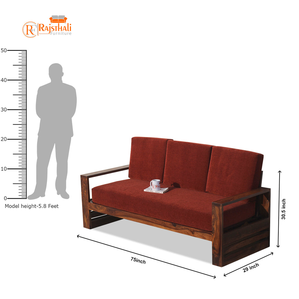 Seam Sheesham Wood Sofa (3 Seater, Honey Oak Finish) - Rajasthali Furniture 