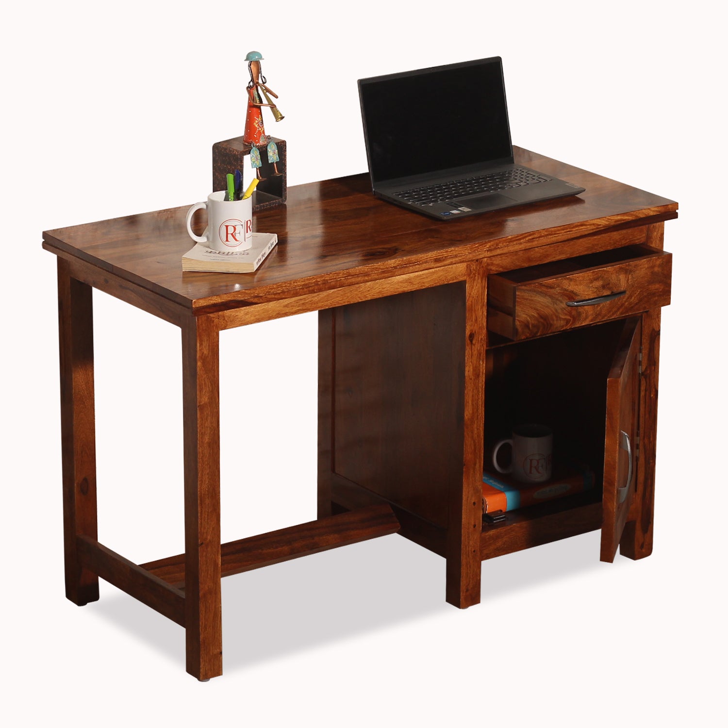 Okvist Solid Wood Study Table with One Drawer and One Door in Honey Oak Finish - Rajasthali Furniture 