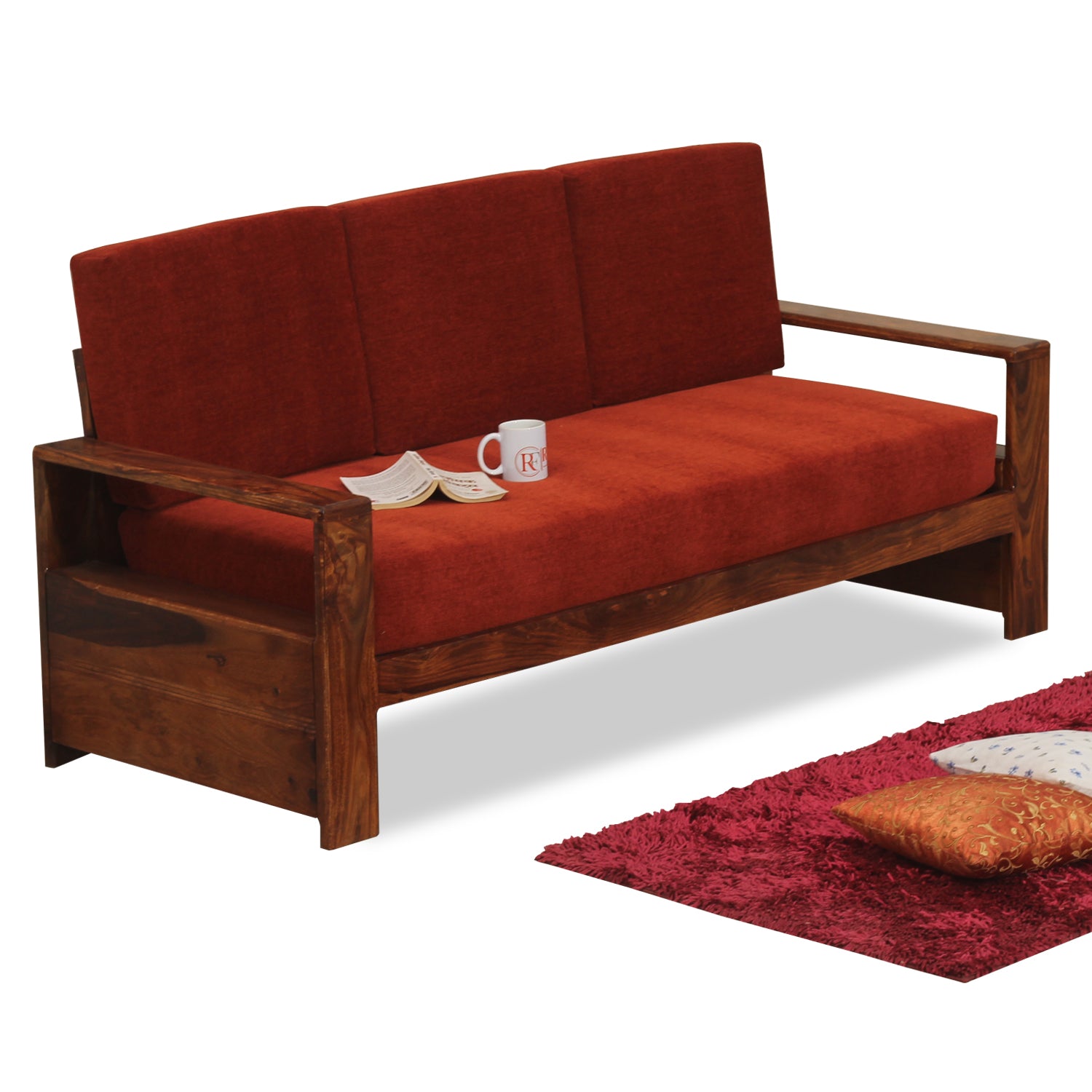 Ravishing Solid Wood Three Seat Sofa Set In Honey Oak Finished - Rajasthali Furniture 