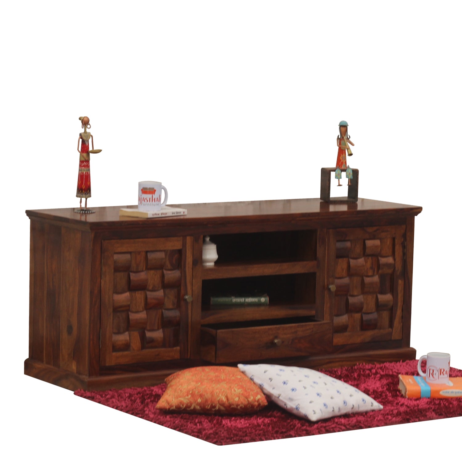 Xiomara Two Door with one center drawer wooden LCD cabinet in honey oak finish - Rajasthali Furniture 