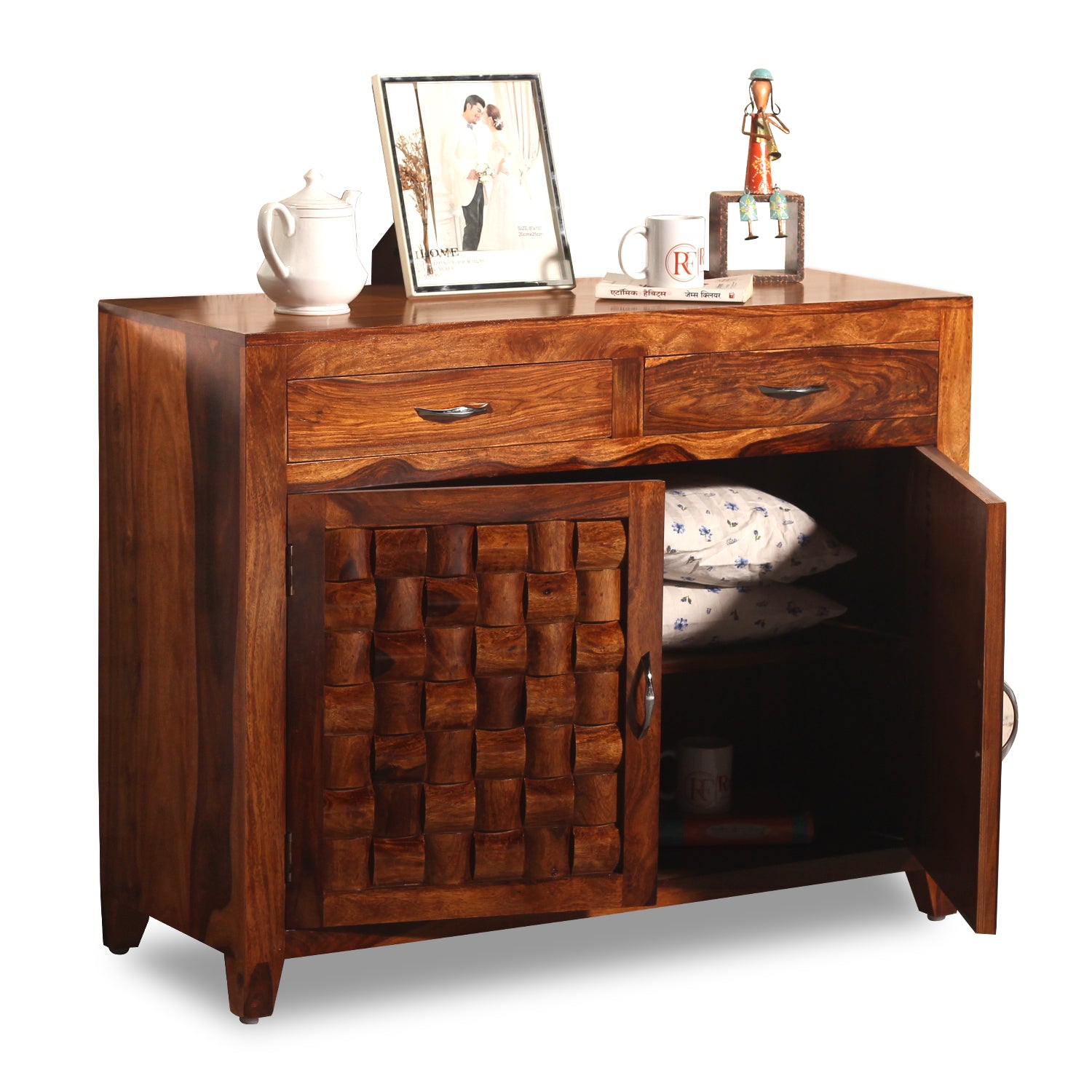 Soldi Wood Two Door and Two Drawer Niwar Sideboard in Natural Finish - Rajasthali Furniture 