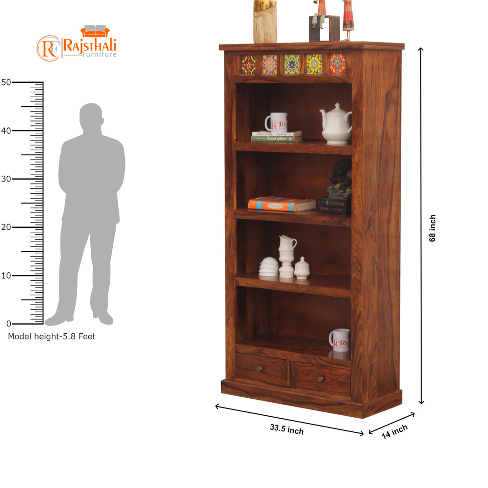Opus Sheesham Wood Bookshelf with 2 Drawers (Honey Oak Finish) - Rajasthali Furniture 