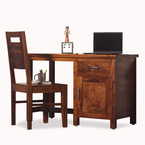 Okvist Solid Wood Study Table with One Drawer and One Door in Honey Oak Finish - Rajasthali Furniture 