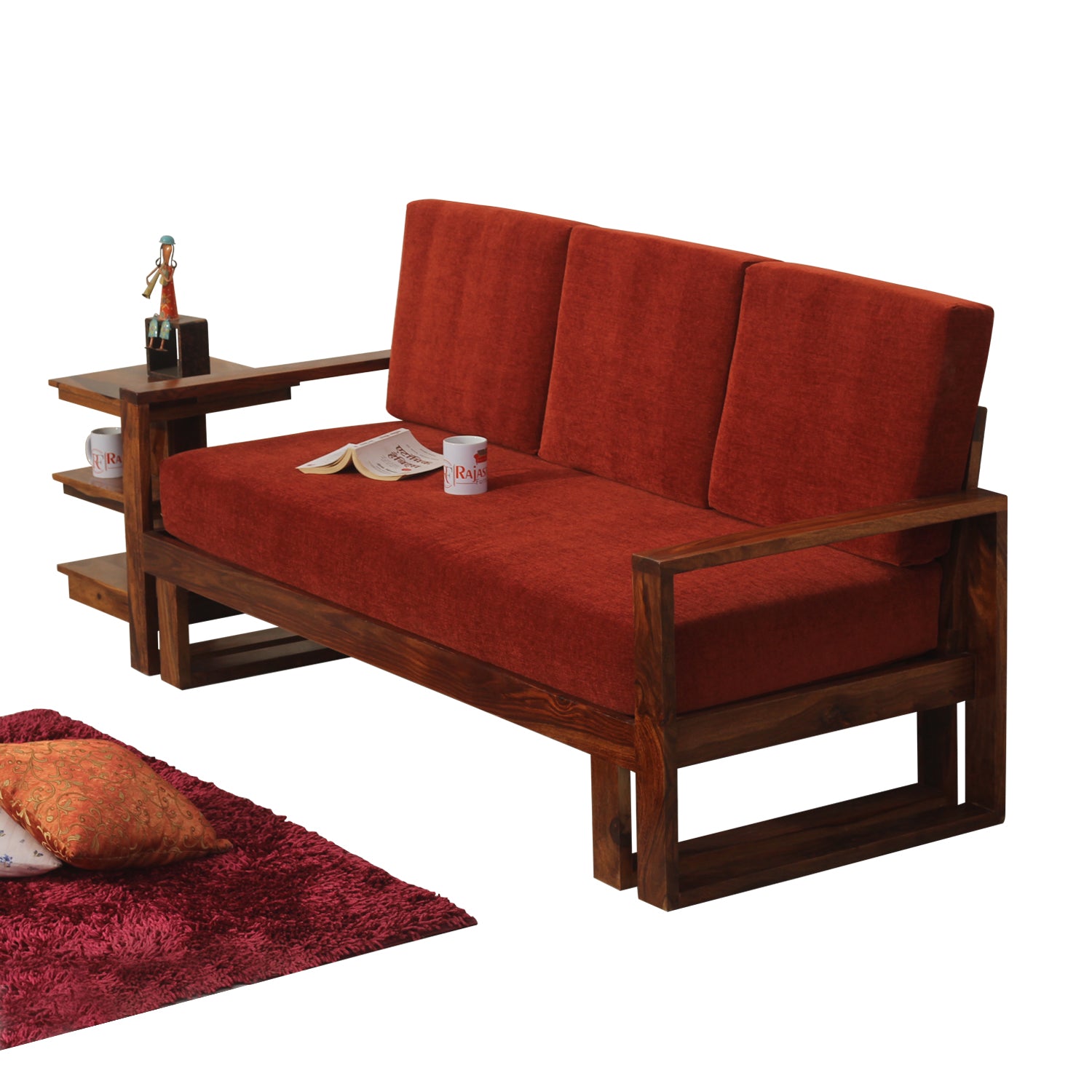 Cucus Double Leg Solid Wood Three Seat Sofa Set In Honey Oak Finished - Rajasthali Furniture 